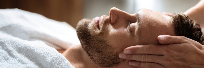 Relaxation and Wellness Session at a Spa With a Man Enjoying a Soothing Head Massage in a Calming Environment