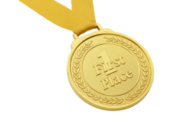 Gold medal with yellow ribbon featuring engraved 1st place and laurel design. Cut out PNG
