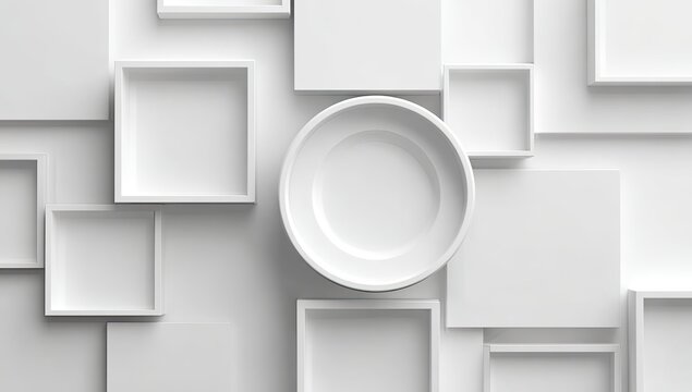 A minimalist composition of nested white squares and a central recessed circle, creating a geometrically balanced and visually calming abstract design