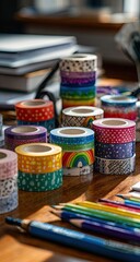 Colorful washi tape rolls stacked on a wooden desk, with pencils