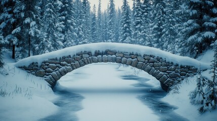 Snowy stone arch bridge over frozen stream in a winter forest