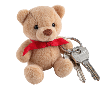 Small teddy bear keychain with keys.  A light brown teddy bear sits holding a set of keys. A red ribbon is around its neck