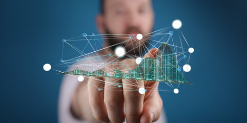 Interactive data visualization showing business growth, network connections, and digital transformation.