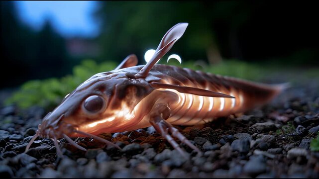 Unique bioluminescent fish discovered on gravel path during evening exploration near water body