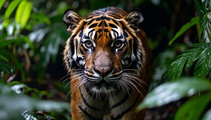 Fototapeta premium Majestic Tiger in Lush Green Habitat A Wildlife Portrait