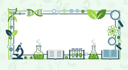 Science themed decorative frame with lab equipment, educational research design