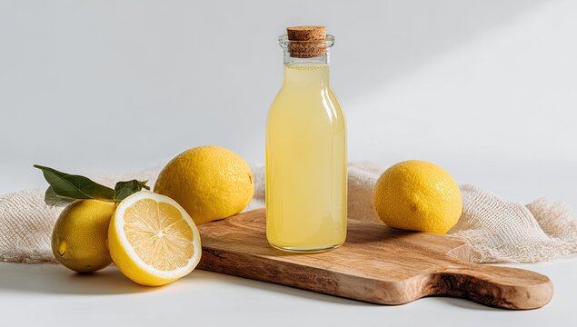 Glass bottle of pale yellow lemonade sits on a wooden board next to three whole lemons and a lemon half, all on a white background with a linen cloth - Powered by Adobe