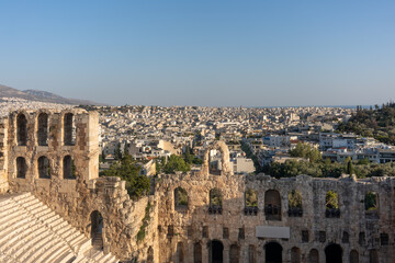 Obraz premium Odeon of Herodes Atticus Amphitheater Overlooking Modern Athens Cityscape, Greece