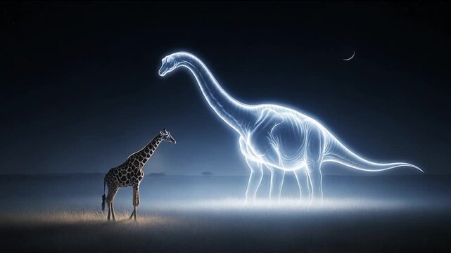 A surreal night scene where a modern giraffe meets the luminous spirit of an ancient sauropod. A symbolic moment across time, created with AI.