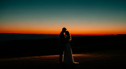 Couple embracing at sunset, silhouette view.