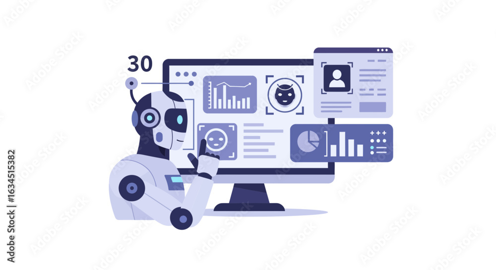 Wall mural artificial intelligence robot analyzing complex user data on a futuristic computer interface dashboa