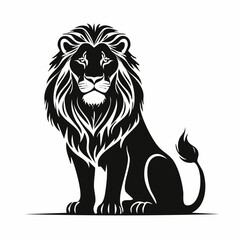 Obraz premium A majestic sitting lion with a full mane, depicted in a strong black silhouette. A 2D flat vector graphic illustration.