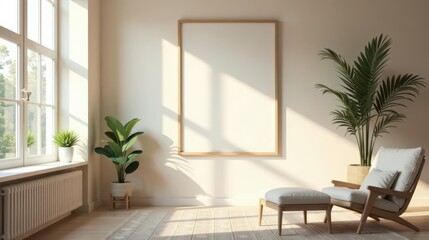 Serene minimalist living room featuring a large empty frame, comfortable lounge chair with ottoman, and potted plants bathed in sunlight through a large window.