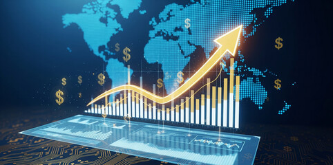World Map with Rising Stock Chart
