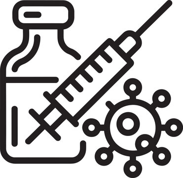 recommend clip art: Medical illustration of a vaccine vial and syringe next to a virus particle in a clean silhouette style