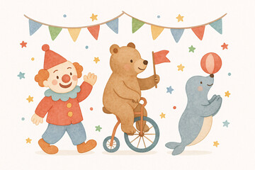 Watercolor illustration of cute circus parade with clown, bear on unicycle, and seal with ball – fun carnival characters in pastel colors, kids party clipart on white background
