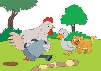 The hen is giving water on the rock, the duck and cat is looking