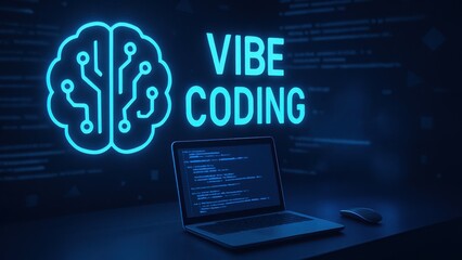 Futuristic workspace with glowing code lines and brain icon and text vibe coding, showing script runner and digital focus tech culture