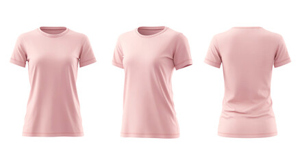 Three views of a pink tshirt isolated on transparent background, showcasing its design, fit, and style for womens casual wear and fashion