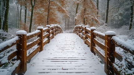 Snowy wooden bridge in a winter forest