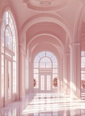 Fototapeta premium Pale pink, arched hallway with sunlight