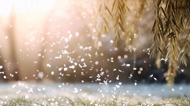 Pollen particles in air in Spring Season. snowflakes falling from a willow tree during the golden hour, with sunlight filtering through the leaves and creating a bokeh effect in the background.