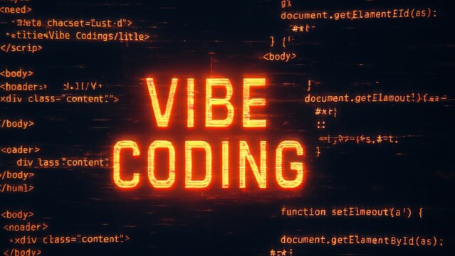 Javascript glow in dark cyber screen and glitching vibe coding text shows hacking concept in sci fi terminal. Script runner, digital focus
