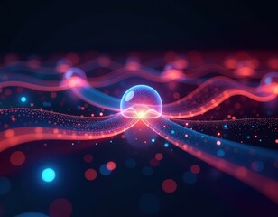Abstract Digital Technology Background with Glowing Sphere and Data Waves