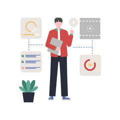 Flat illustration of businessman under spotlight with glowing lightbulb symbolizing breakthrough idea in front of audience