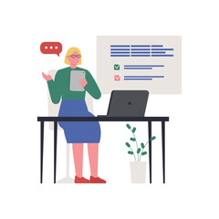 Young woman with beard and tattoo before the laptop with question mark in think bubble and  finding new idea. Shiny light bulb. Flat style cartoon vector illustration