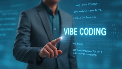 Man in gray suit points at floating glowing code in digital space and text vibe coding, presenting script runner and digital focus in futuristic office environment
