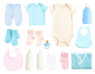 Baby essentials collection, including clothing, bibs on transparent background