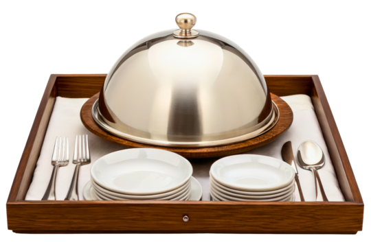 Hotel room service tray with a cloche food cover and dishes isolated with transparent background
