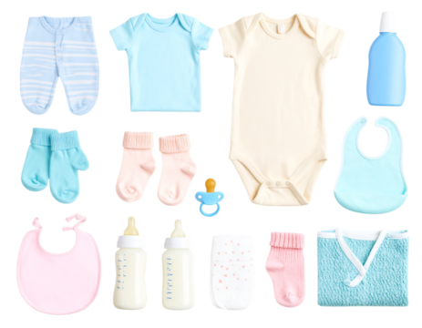 Baby essentials collection, including clothing, bibs on transparent background