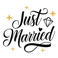 Elegant just married script with diamond heart and golden stars for wedding celebration design theme