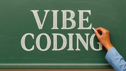 Hand writes vibe coding on green chalkboard in classroom, showing script runner and digital focus in educational coding or tech training concept