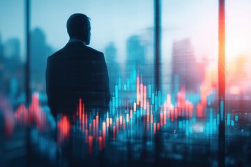 A silhouette of a businessman gazes out at a city skyline, with vibrant financial graphs overlaying the scene, symbolizing analysis and market trends.