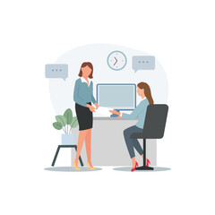 Business concept illustration on the subject of teamwork, Two businesswomen talking in an office, business woman in suit business, woman, people, couple, businesswoman, Business concept illustration