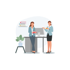 Business concept illustration on the subject of teamwork, Two businesswomen talking in an office, business woman in suit business, woman, people, couple, businesswoman, Business concept illustration