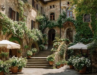 Naklejka premium Sun-drenched Italian courtyard, overflowing with blooming white flowers cascading down aged stone walls. A grand staircase leads to a doorway, with cafe umbrellas casting shade