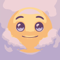 Serene and happy kawaii character with anime eyes floating in a soft purple cloudscape. Cute celestial emoticon vector.