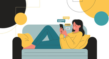 Woman relaxing on couch while using her mobile phone for communication online
