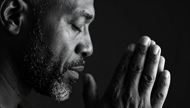 A contemplative Black man with closed eyes and hands pressed in prayer, captured in dramatic black and white lighting&mdash;evoking themes of faith, introspection, resilience, and spiritual depth.