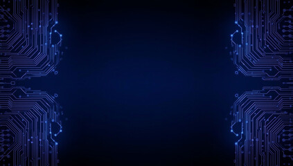 Symmetrical glowing blue circuit board patterns create a futuristic frame on a dark digital background.