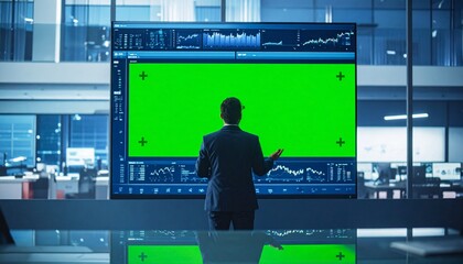 : A business professional stands before a large digital screen with a green chroma key display, surrounded by financial charts and data in a modern office setting—evoking themes of innovation,