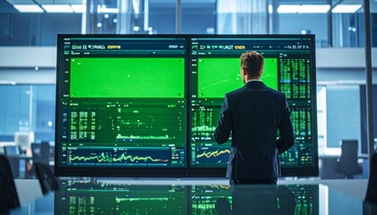 : A business professional stands before a large digital screen with a green chroma key display, surrounded by financial charts and data in a modern office setting—evoking themes of innovation,