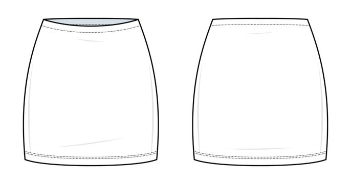Basic High-Waist Mini Skirt Technical Fashion Illustration. Fitted Skirt Vector Template. Front and Back View. Simple Hem and Waistband Design. White Color. CAD Mockup.