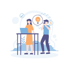 Flat illustration of businessman under spotlight with glowing lightbulb symbolizing breakthrough idea in front of audience