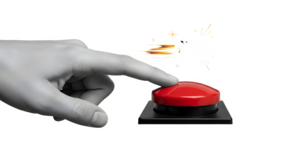 Action-oriented hand presses a large red button, triggering a stylized rocket launch with fiery exhaust, symbolizing startup success, innovation, and rapid growth.