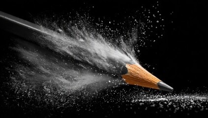 A graphite pencil explodes in motion, graphite dust erupting outward